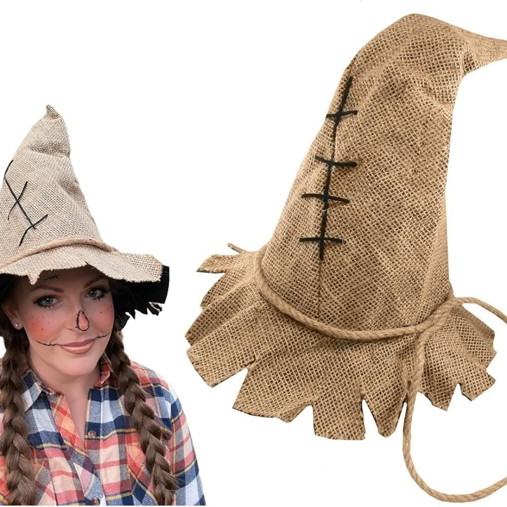 Unisex Adult Brown Burlap Straw Scarecrow Costume Hat - Harvest Witch Wizard Hat